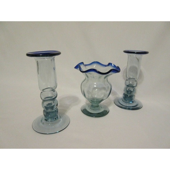 Hand Blown Recycled Mexican Glass Cobalt Blue Rim Candle Holder Set 3 - Picture 7 of 7